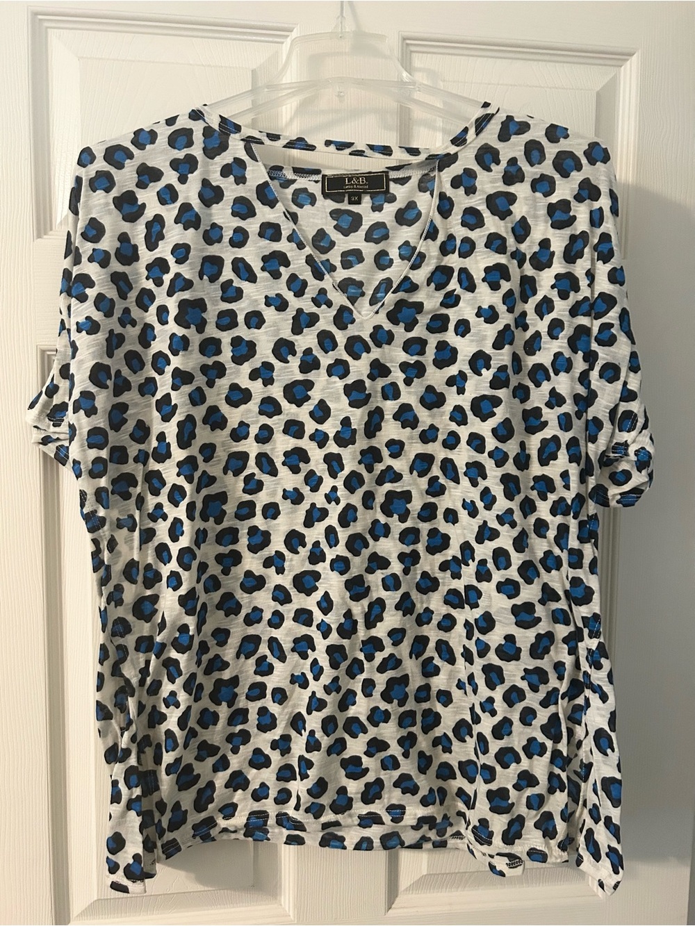L&B White V-Neck Top with Blue and Black Leopard Print